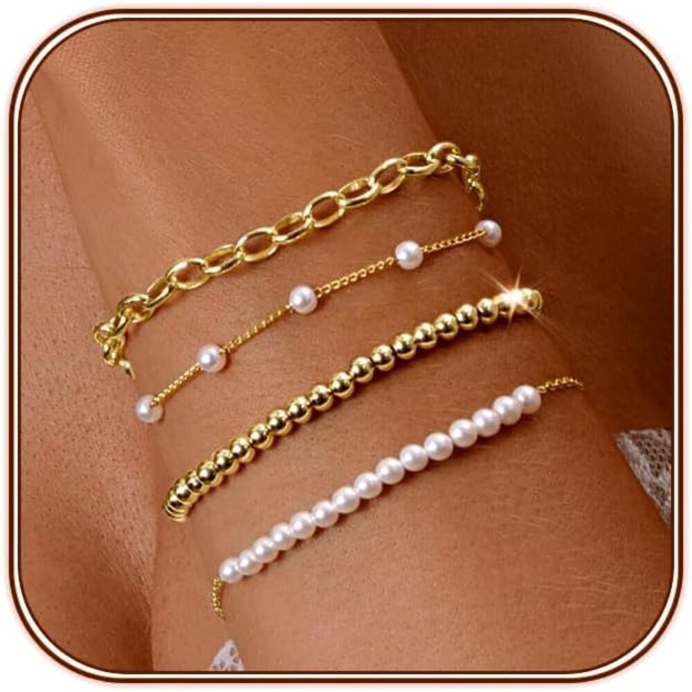 Gold Pearl Beaded Bracelets Set 14K Gold Plated Adjustable Stack Holiday Gift
